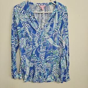 Lilly Pulitzer Women Cotton Top Floral Print In Blues Long Sleeve VNeck Sz XS